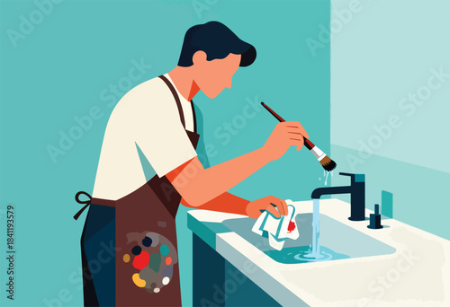 A person in a white shirt and brown apron rinses a paintbrush and cloth in a sink with colorful paint on the apron