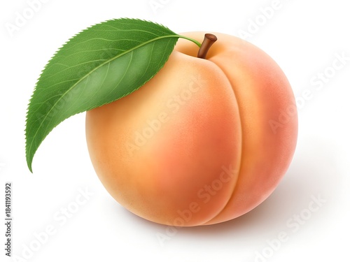 Single Fresh Ripe Peach with Green Leaf on White Background