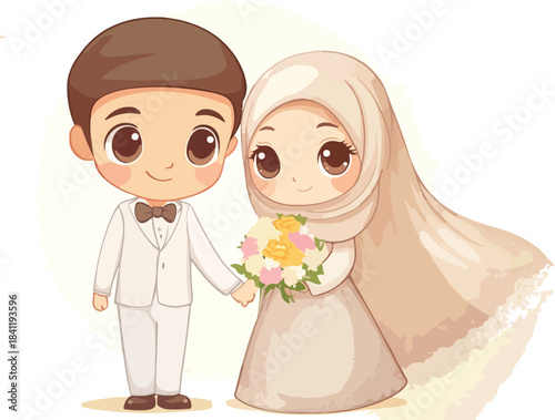 Happy cartoon vector illustration of a bride and groom couple holding a flower bouquet at their wedding