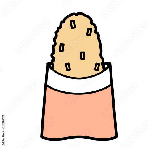 ハッシュドポテトをシンプルな線で描いたフラットデザインのイラストでサクサクとした軽食を連想させる視覚的な素材｜袋に入ったポテトを正面から表現しメニューや広告に活用しやすい構図