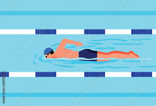 Cartoon illustration of a swimmer in freestyle stroke, swimming in a pool, flat design