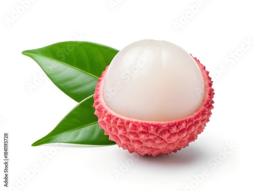 Fresh Peeled Lychee Fruit with Green Leaves Isolated on White