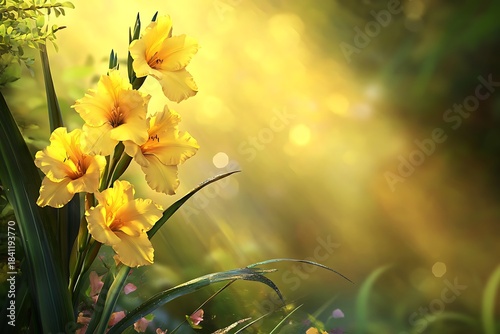 Several radiant yellow daylily blossoms beautifully golden hour sunshine in a lush, vibrant outdoor scene