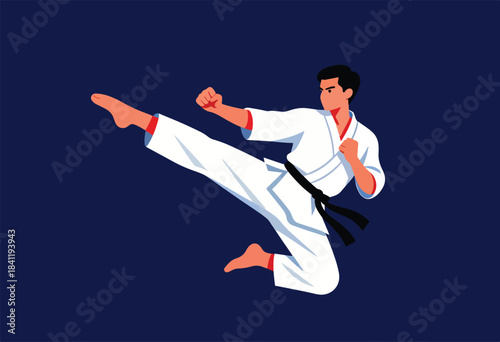 Flat illustration of a martial artist performing a high kick. The person is in a white uniform with black belt