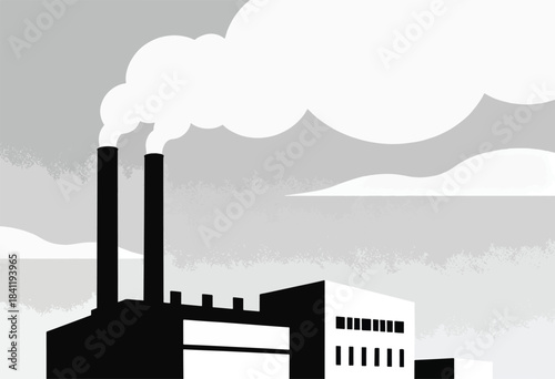 A stark black and white illustration of an industrial plant with smokestacks billowing steam. Grey sky with clouds