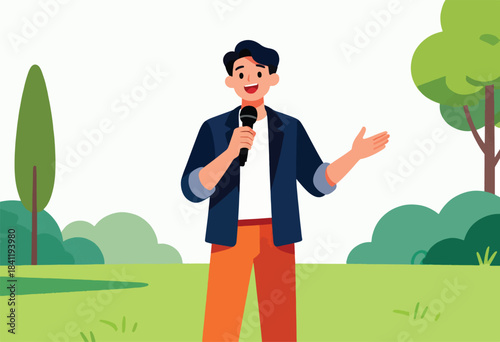 A smiling person, holding a microphone, gestures outward against a park-like backdrop, a visual presentation