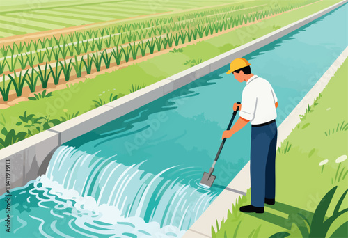 An illustration shows a worker cleaning a water canal next to a field of crops. The canal flows downward, creating a small waterfall