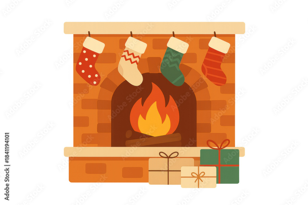 Obraz premium Christmas fireplace with hanging stockings, gifts, and burning fire, symbolizing holiday season and warmth on transparent background