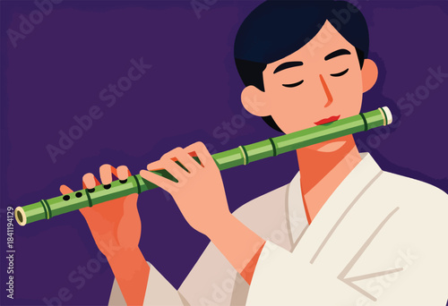 A stylized illustration depicts a person in white garments playing a green flute with closed eyes against a purple background