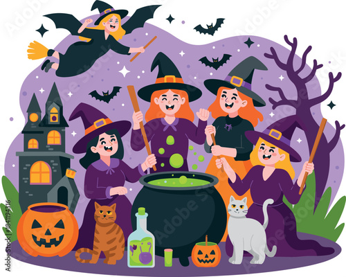 Group of Witches Making Potion with Cauldron and Cats Halloween Vector