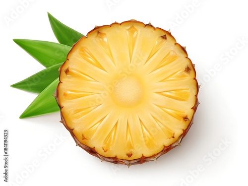 Fresh Pineapple Slice with Green Leaves Isolated on White Background
