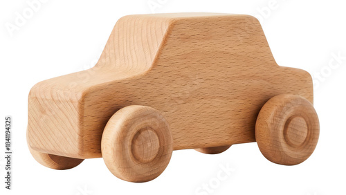 Simple wooden toy car isolated on white, a natural light brown unfinished wood vehicle for children's playtime and decoration, eco-friendly and