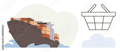 Cargo ship with shipping containers on ocean waves next to a shopping basket. Ideal for trade, commerce, logistics, global economy, importexport, transportation, consumption. Simple flat metaphor
