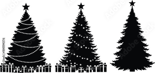 Christmas tree silhouette illustration set, festive decorations, gift boxes, holiday design, black vector artwork, white background