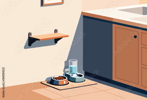 A simple, minimalist illustration of a pet feeding area with food and water bowls, and a wall shelf