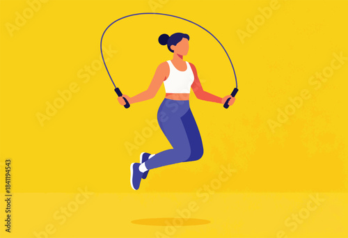 A woman is jumping rope with a blue rope. She wears a white top, blue leggings, on a yellow background