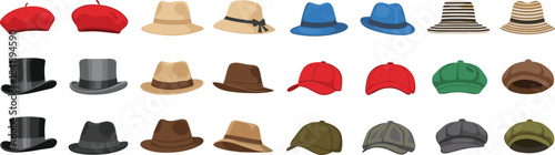 Colorful hat illustration set, fashion headwear styles, berets, fedoras, caps, accessories, vector artwork, white background
