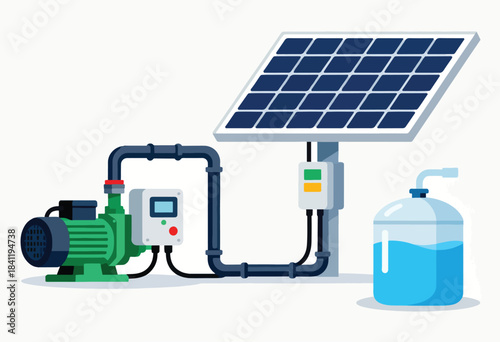 A schematic of solar powered water system, includes solar panel, pump, tank, pipes, and control box
