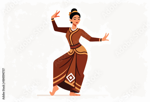 An illustration of a graceful woman in a traditional dress performing a dance on a textured backdrop