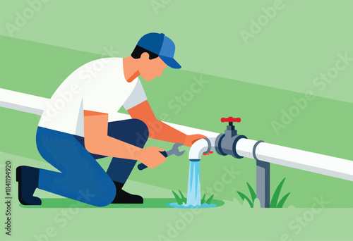 A person in a baseball cap kneels, using a wrench to repair a leaking water pipe. Water gushes out