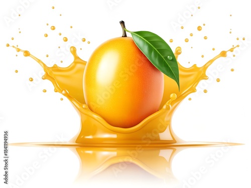 Fresh Orange Fruit with Green Leaf Splashing into Orange Juice on White Background