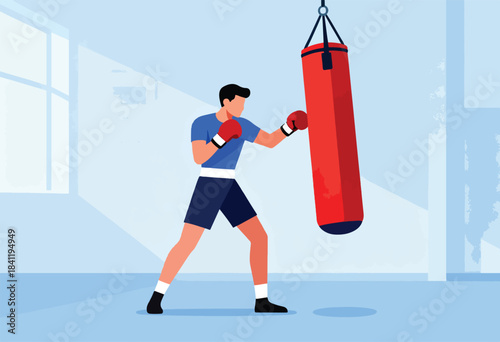 A boxer in blue shorts and a blue shirt is training with red gloves, punching a hanging red bag