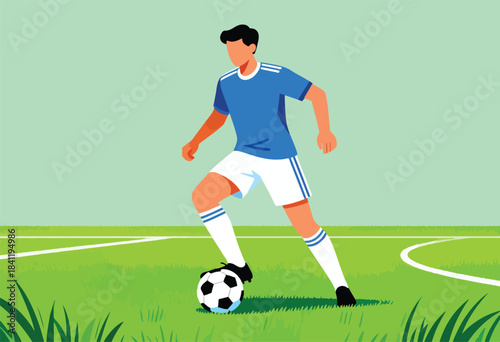 A soccer player in blue uniform kicks a ball on a green field. Flat illustration style