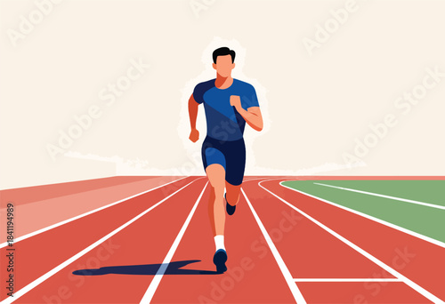 A runner in blue strides along a track. The image has a clean design with color gradients and a long shadow