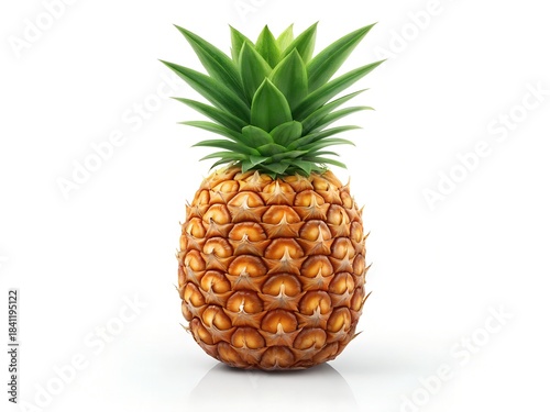 Whole Ripe Pineapple with Green Leaves on White Background