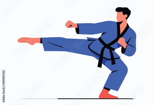 A stylized illustration features a person in blue martial arts uniform executing a high kick