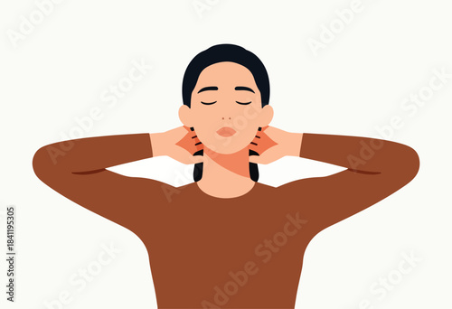 A minimalist illustration of a person with closed eyes, hands behind their neck, in a relaxed, brown top