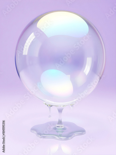 Iridescent Soap Bubble on Pastel Background with Liquid Drip