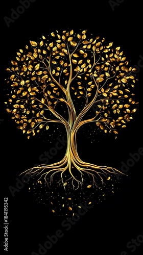 Golden Tree of Life with Roots and Falling Leaves on Black Background image photo