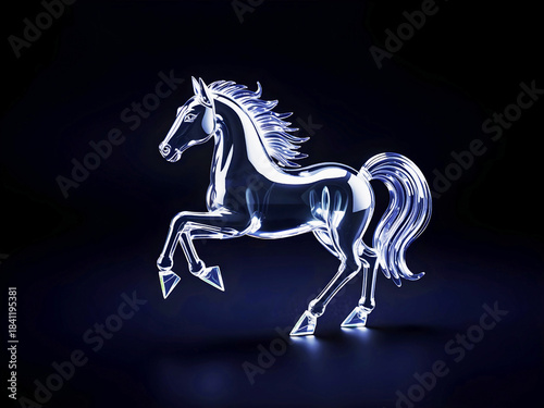 Elegant Glass Horse Figurine with Neon Blue Glow on Dark Dramatic Background