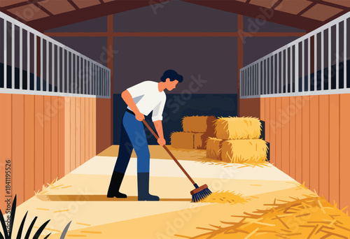 A person in a barn sweeps the floor with a broom, hay bales in the background, a rustic interior