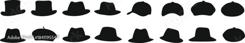 Hat silhouette illustration set, various styles, fashion headwear, top hats, fedoras, caps, vector artwork, white background