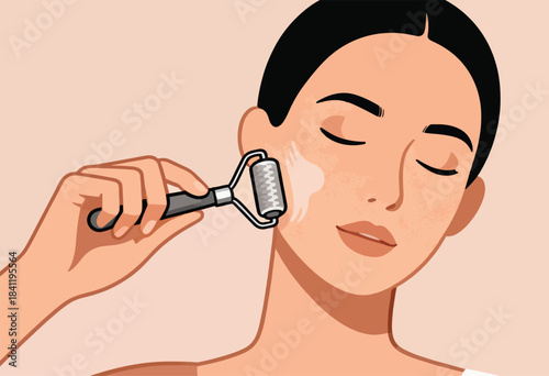Illustration of a woman using a facial roller on her face, eyes closed. Soft light and skin texture