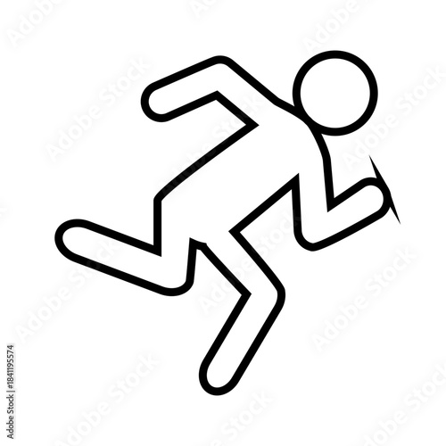 Stylized line art icon depicting a figure in a forward running motion with bent knees and arms pumping, suggests speed and motion. Related to jogging, emergency exits, fitness, sports representation