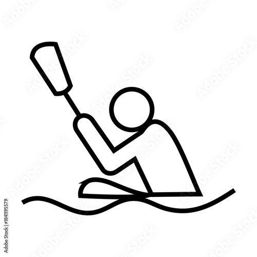 Stylized line art icon showing a figure seated, with one arm extended holding a paddle, suggesting the action of rowing or kayaking. Related to water sports, boating amenities, sports representation