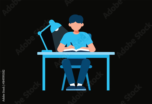 Illustration of a person sitting at a desk under a desk lamp, writing in a book, with black background
