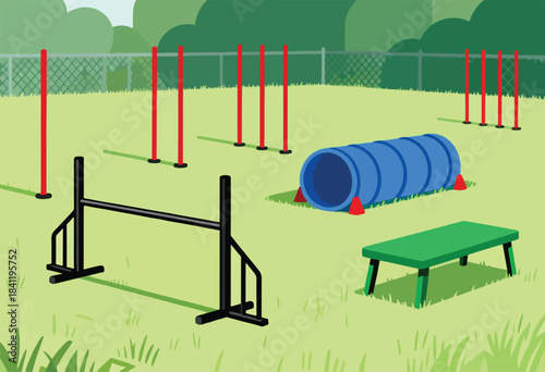 A cartoon illustration of a dog agility course with obstacles like jumps, poles, and a tunnel