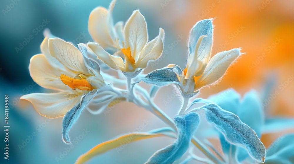 Fototapeta premium Three creamy blooms displaying their golden centers feature textured foliage against a serene backdrop