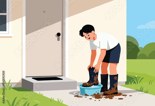 A person in a white shirt and navy shorts is cleaning muddy boots in a basin by a doorway