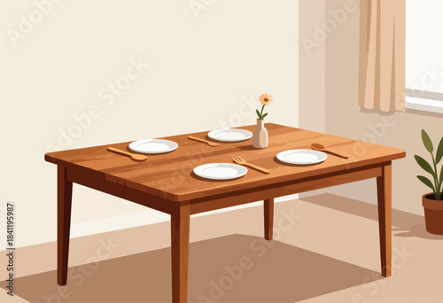 A minimalist illustration of a wooden table setting for four with plates, cutlery, and a vase with a flower