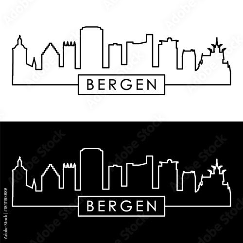 Bergen skyline. Linear style. Single line. Editable vector file.