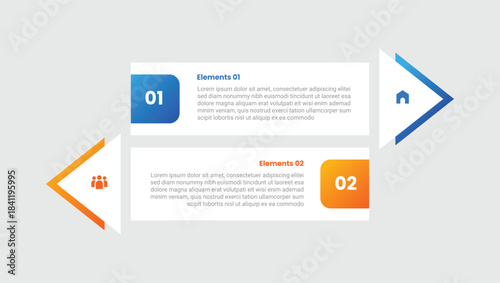 Arrow base shape comparison versus infographic with gradient style with long rectangle box vertical opposite comparison with 2 elements stages