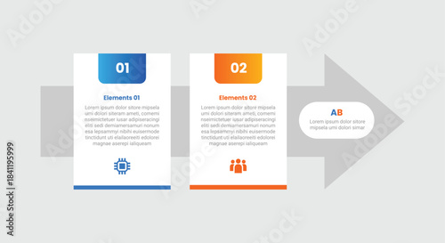 Arrow base shape comparison versus infographic with gradient style with vertical box container with arrow shadow behind connection with 2 elements stages