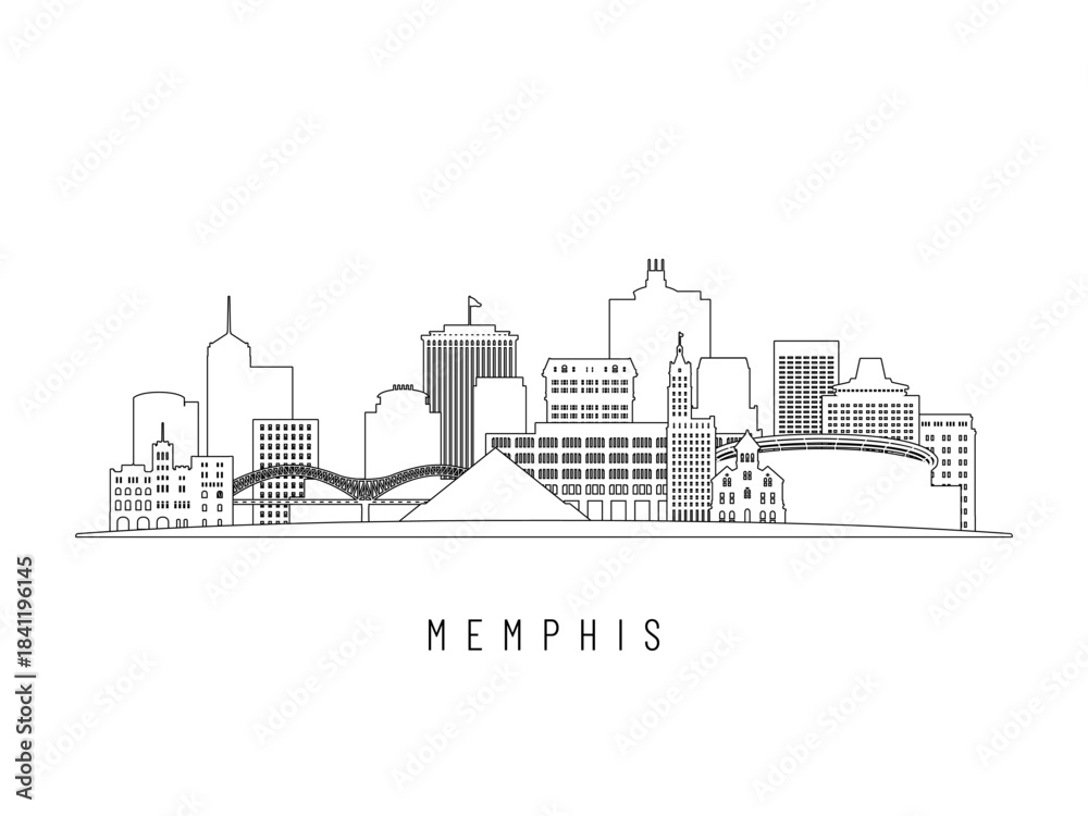 Fototapeta premium Detailed Memphis skyline vector illustration. Memphis buildings in line art style, perfect for modern designs.