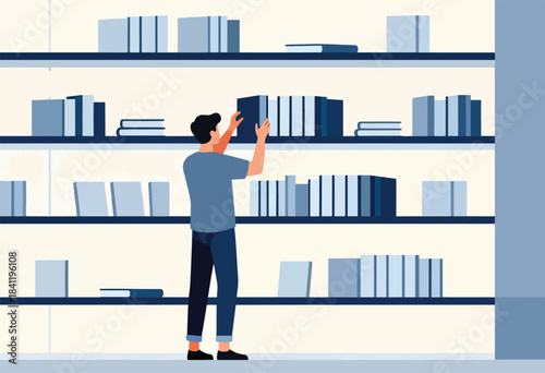 Illustration of a person standing, reaching for a book on a shelf filled with other books. Books are many shades of blue