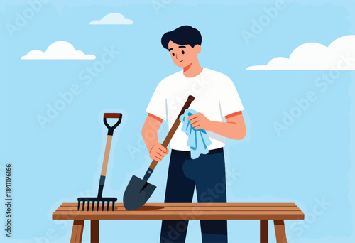 A person in a white shirt cleans a shovel with a cloth, with a rake also displayed. Blue sky background